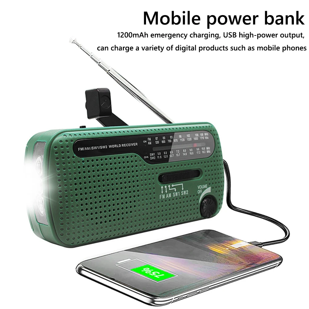 FM AM SW Weather Radio with LED Flashlight Survival Radio Solar Power Portable Outdoor Emergency Radio 1200mAh World Receiver