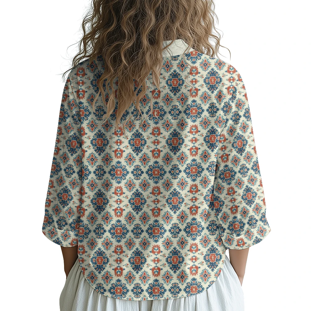 Ethnic-Inspired Long-Sleeve Women Shirt with Aztec Geometric Pattern Printed Front 2 Pockets Button-Up Retro Tribal Casual Style