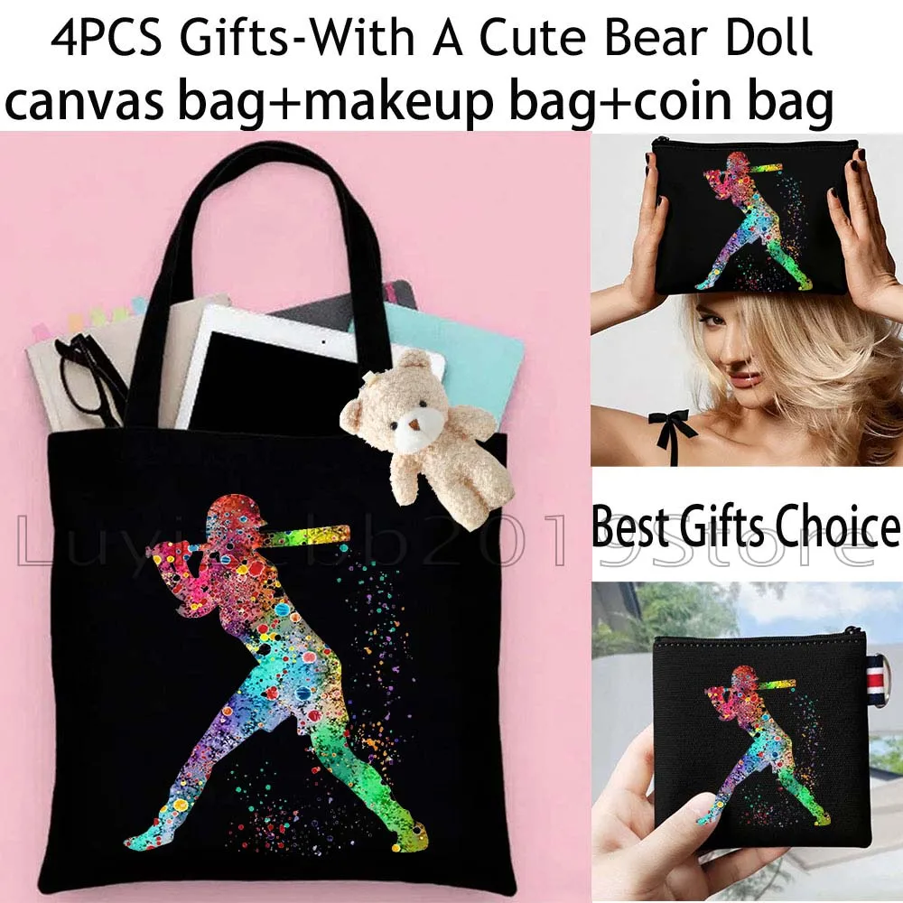 4PCS Cute Baseball Girl American Softball Gift Canvas Tote Bag Cotton Handbag,Cosmetic Makeup Bag,Coin Purse Wallet Zipper Pouch