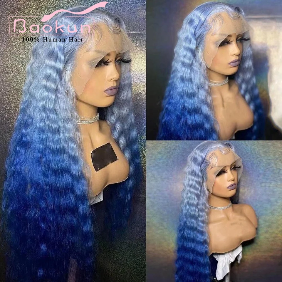 Transparent Blue Deep Wave Frontal Wig 13x6 HD Lace Front Human Hair Wigs 200 Density Glueless 13x4 Human Hair Lace Frontal Wig