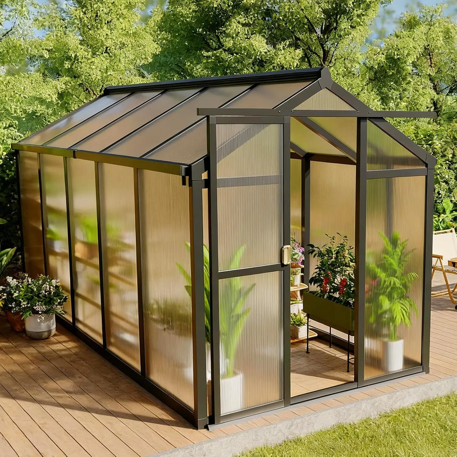 6x10 FT Greenhouse, Outdoor Sliding Door, Polycarbonate Greenhouse with Aluminum Frame, Lockable Door and Ajustable Roof Vent