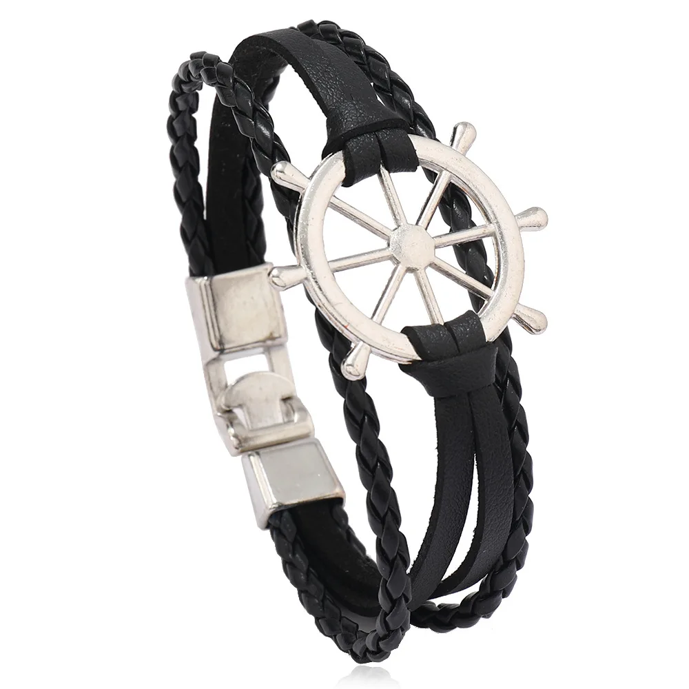 Individuality Punk Originality Nautical wind Leather Bracelet Simple Alloy Rudder Hand knitting Wristband Fashionable Accessory