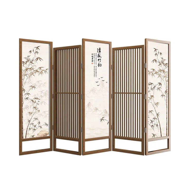 Screen folding mobile living room partition new Chinese style solid wood grille tea room office bamboo modern - folding screen