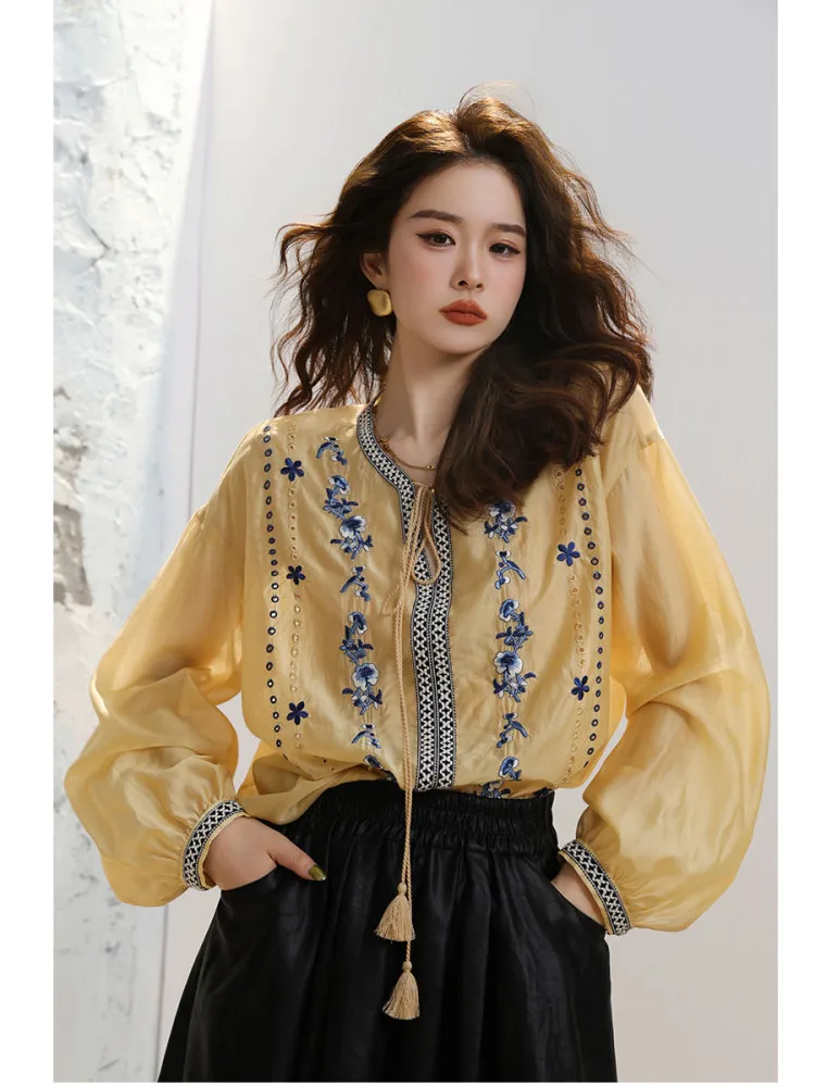 

Ele V-ne Silk irt Women's Embroidered Straight Cut Long Sve Breathable Summer Faion Original Design