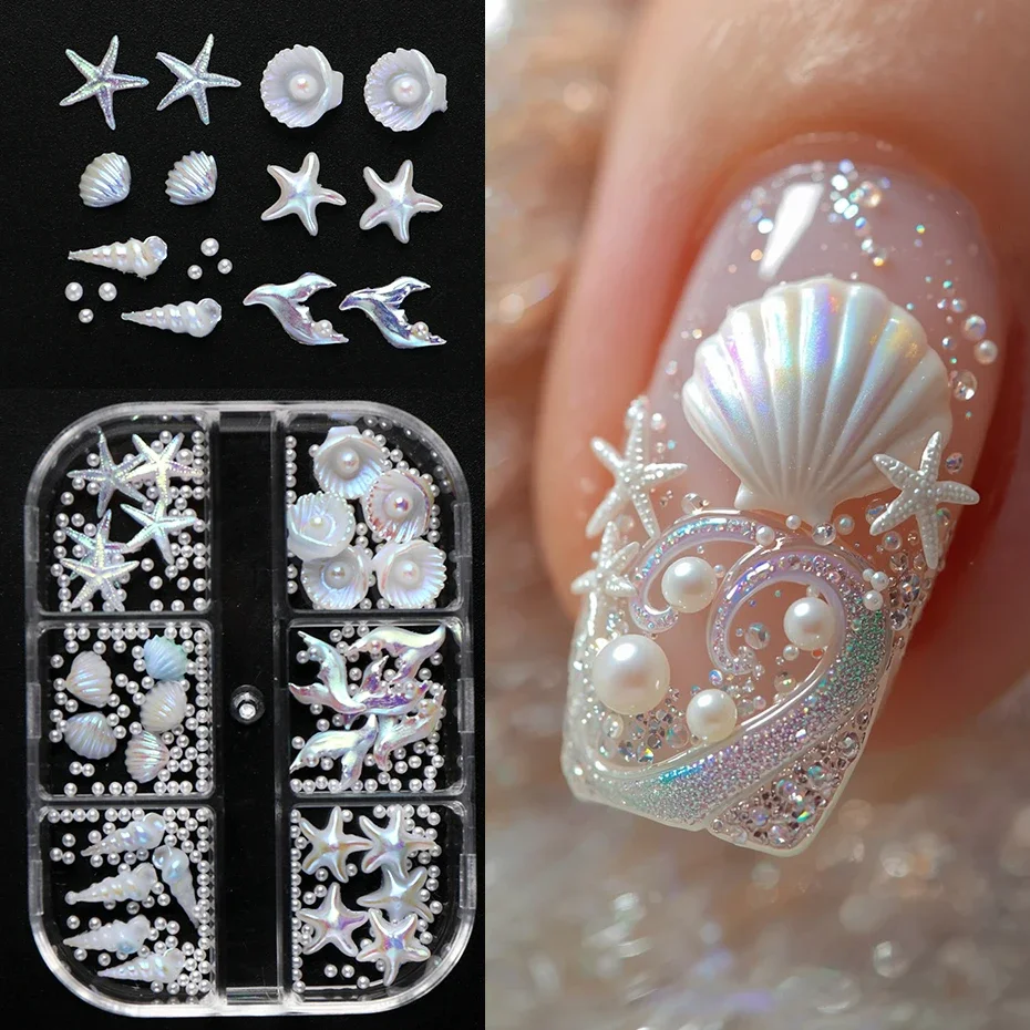 Ocean Theme 3D Nail Charms Set Seashell Starfish Conch Dolphin Nail Decorations White Pearl Resin Nail Accessories for Manicure
