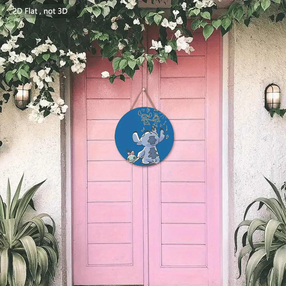 مسطح ثنائي الأبعاد - ديكور منزلي ثنائي الأبعاد قطعة واحدة 2D 7.87*7.87 بوصة لوحة باب خشبية مستديرة معلقة - طباعة فنية مستوحاة من Lilo & Stitch، طراز حديث De