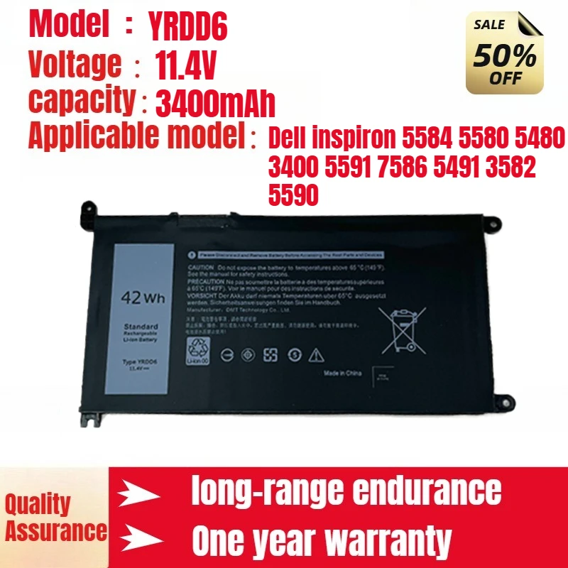 YRDD6 laptop battery, new for Dell inspiron 5584 5580 5480 3400 5591 7586 5491 3582 5590 New large capacity 11.4V 3400mAh