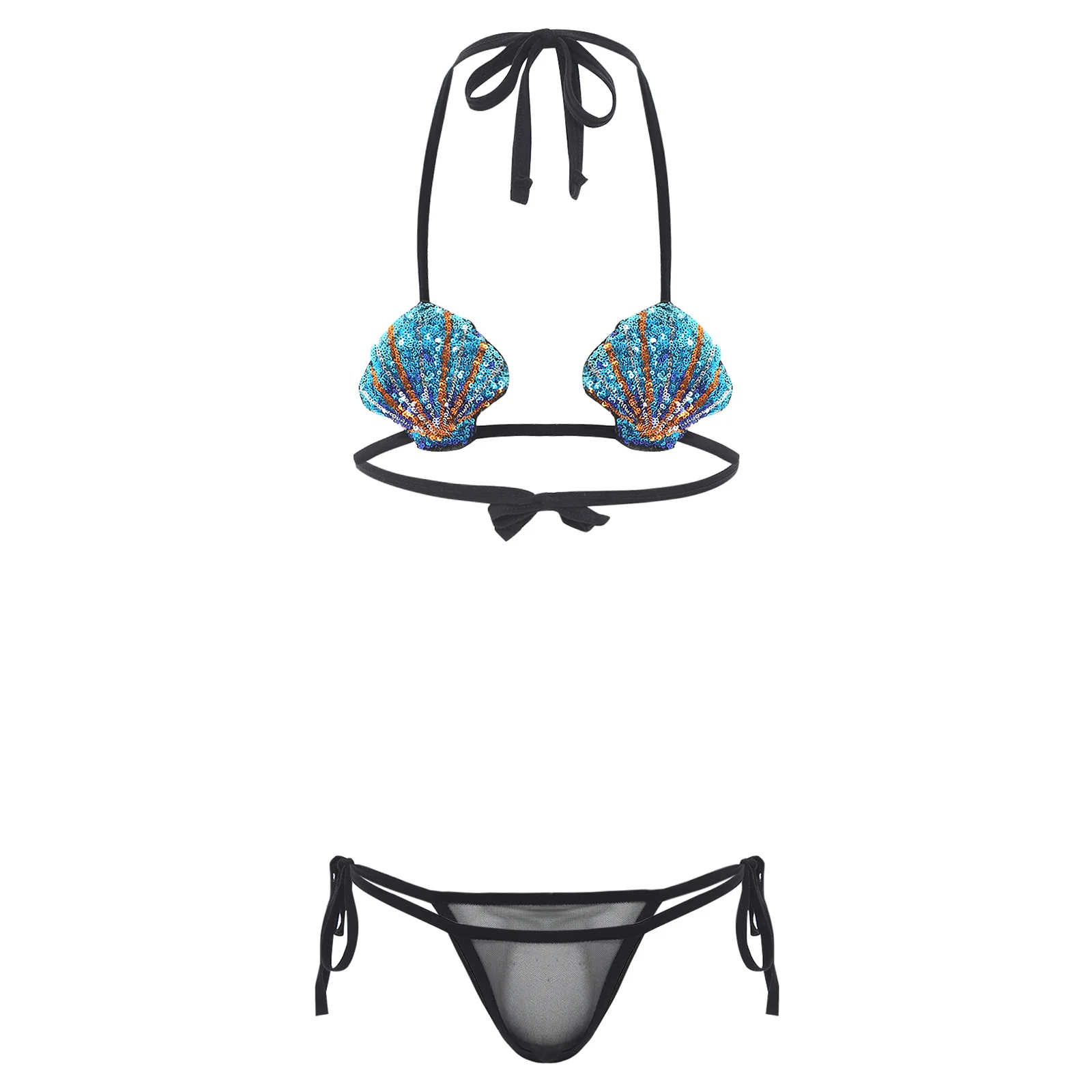 

Women's Mini Bikini Swimwear Set Lingerie Swimsuit Shiny Sequins Bra Tops with Sheer Thong Tie Up Underwear Role Play Club Wear