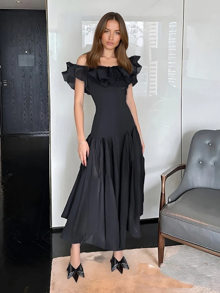 

Sexy Off Shoulder Ruffles Patchwork Midi Dress Women Slash Neck Ruffle Edge A-line Dresses Elegant Evening Party Gowns