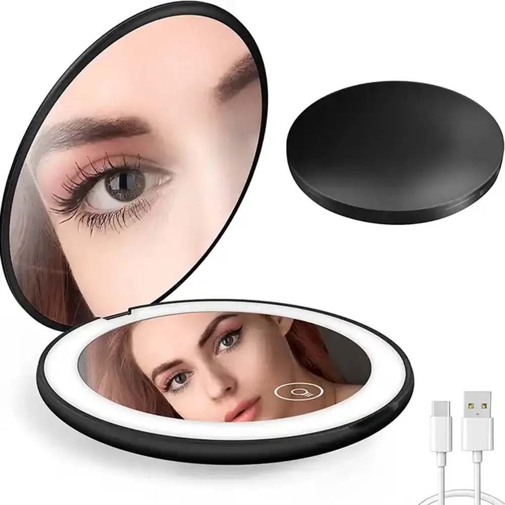 Lighted Compact Makeup Mirror Magnifying Rechargeable LED Travel Cosmetic Mirror Portable Folding Double Side Mini Vanity Mirror