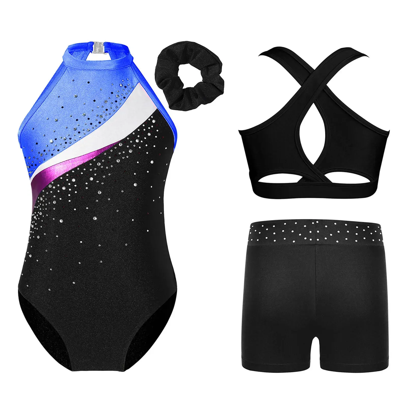 

Kids Girls Rhinestone Gymnatics Leotards Ballet Dance Dancewear Bodysuit with Cross Back Vest Shorts Set Ballet Jersey Unitard