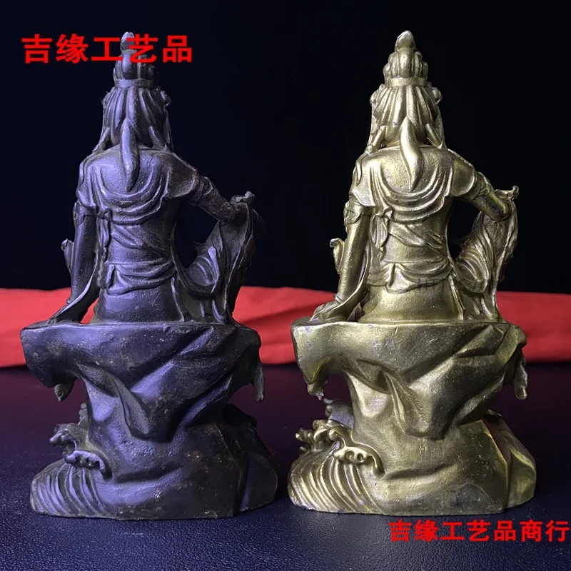 Antique-style alloy Buddha statue, a collectible piece, featuring the Guanyin (Goddess of Mercy) in a seated pose, suitable for
