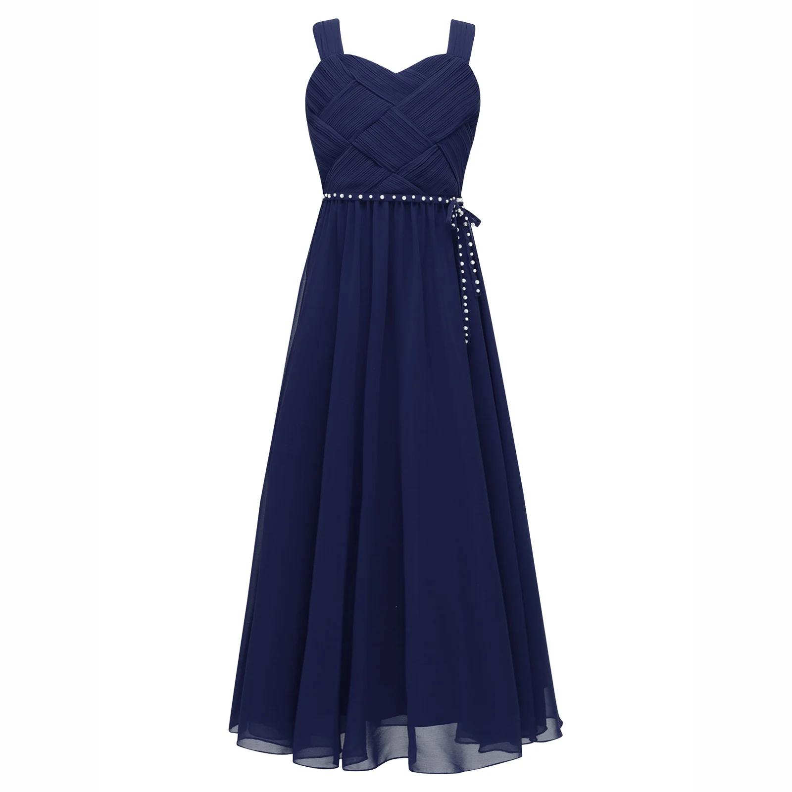 Long Chiffon Bridesmaid Evening Dress for Kids Flower Girls Spaghetti Strap Pleated High Waist Festive Wedding Party Ceremony