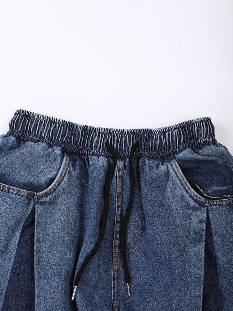 [EAM] Jeans a gamba larga a blocchi di colore in denim blu navy a vita alta Nuovi pantaloni larghi da donna Moda marea Primavera Autunno 2024 1DE