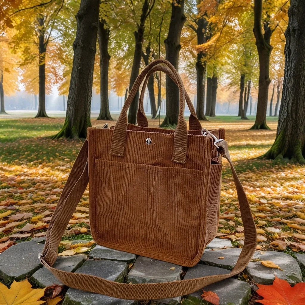 Corduroy Messenger Bag with Water Bottle Holder-Corduroy Messenger Bag with Detachable Strap-Corduroy Mini Messenger Bag