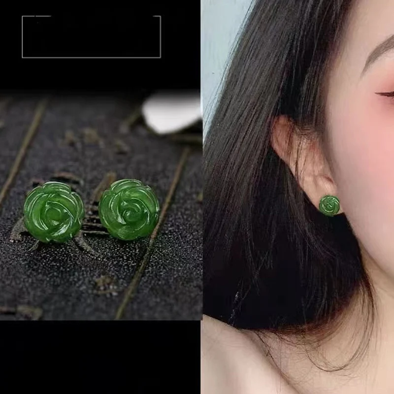 

PANJBJ 925 Sterling Silver Rose Hotan Jade Earring for Women Girl Ethnic Style Versatile Temperament Jewelry Gift Dropshipping