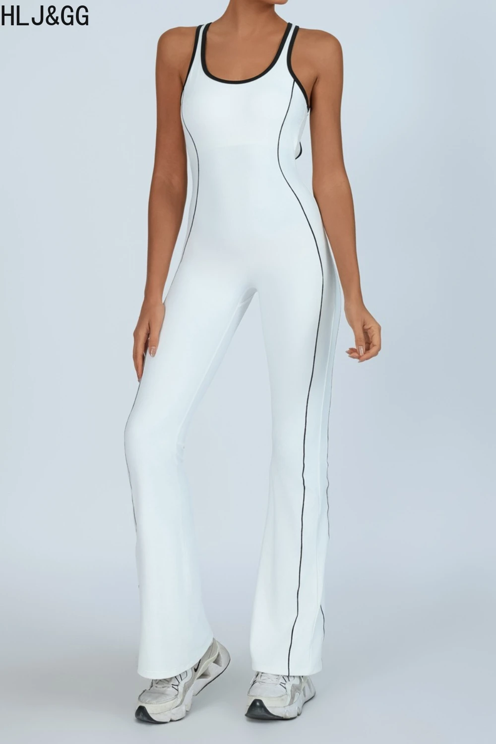 HLJ&GG Fashion Sporty High Quality Stretchy Bodycon One Piece Jumpsuits Women Sleeveless Backless Stitching Flared Playsuit 2025