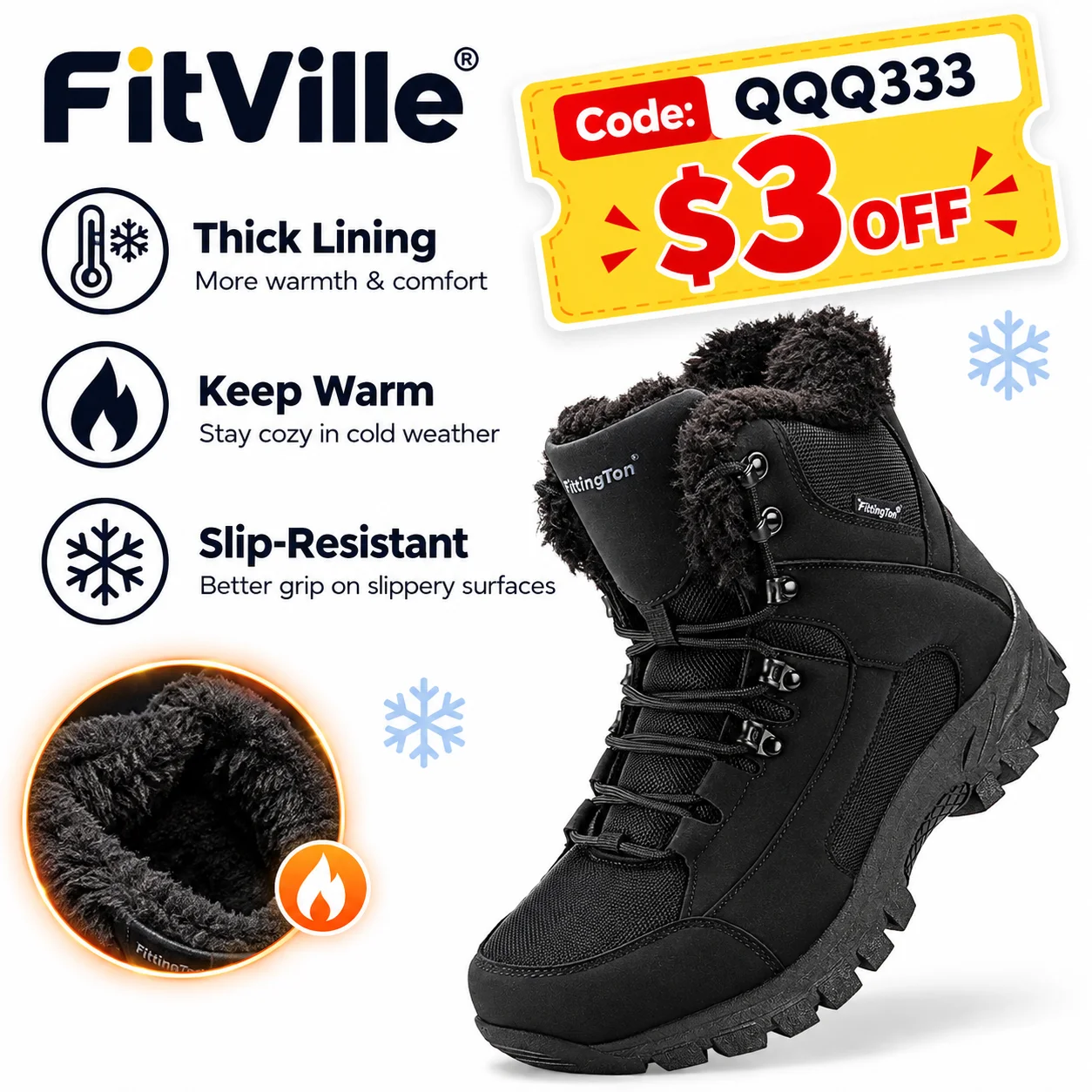 Fitville Wide Fit Herren-Winterstiefel, verdickte, warme Schneestiefel, rutschfest, wasserabweisend, mit Fell gefütterte Winter-Knöchelstiefel