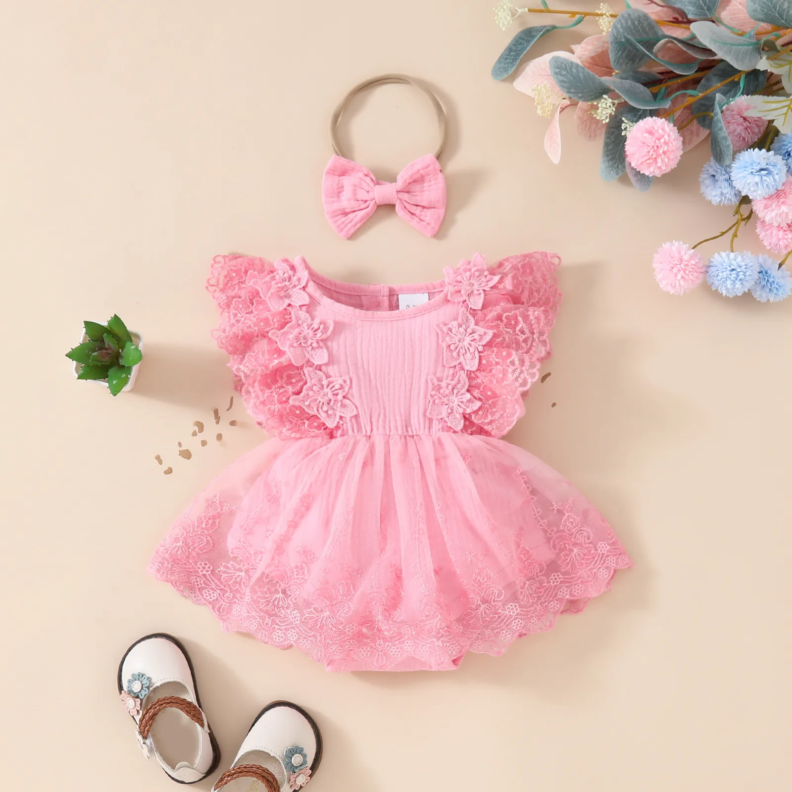 2Pcs Baby Girls Summer Clothes 2024 Pink Floral Lace Bodysuit Dress For Newborns Girl Romper Baby Onesie Infants Costume 0-18M