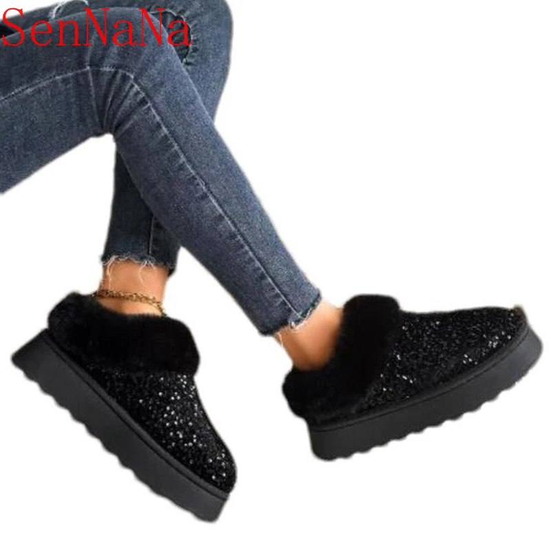 Bling Frauen Wohnungen Schneeschuhe Winter Plattform Fell warme Baumwoll schuhe neue Trend Mode Walking kurze Plüsch Zapatillas weiblich