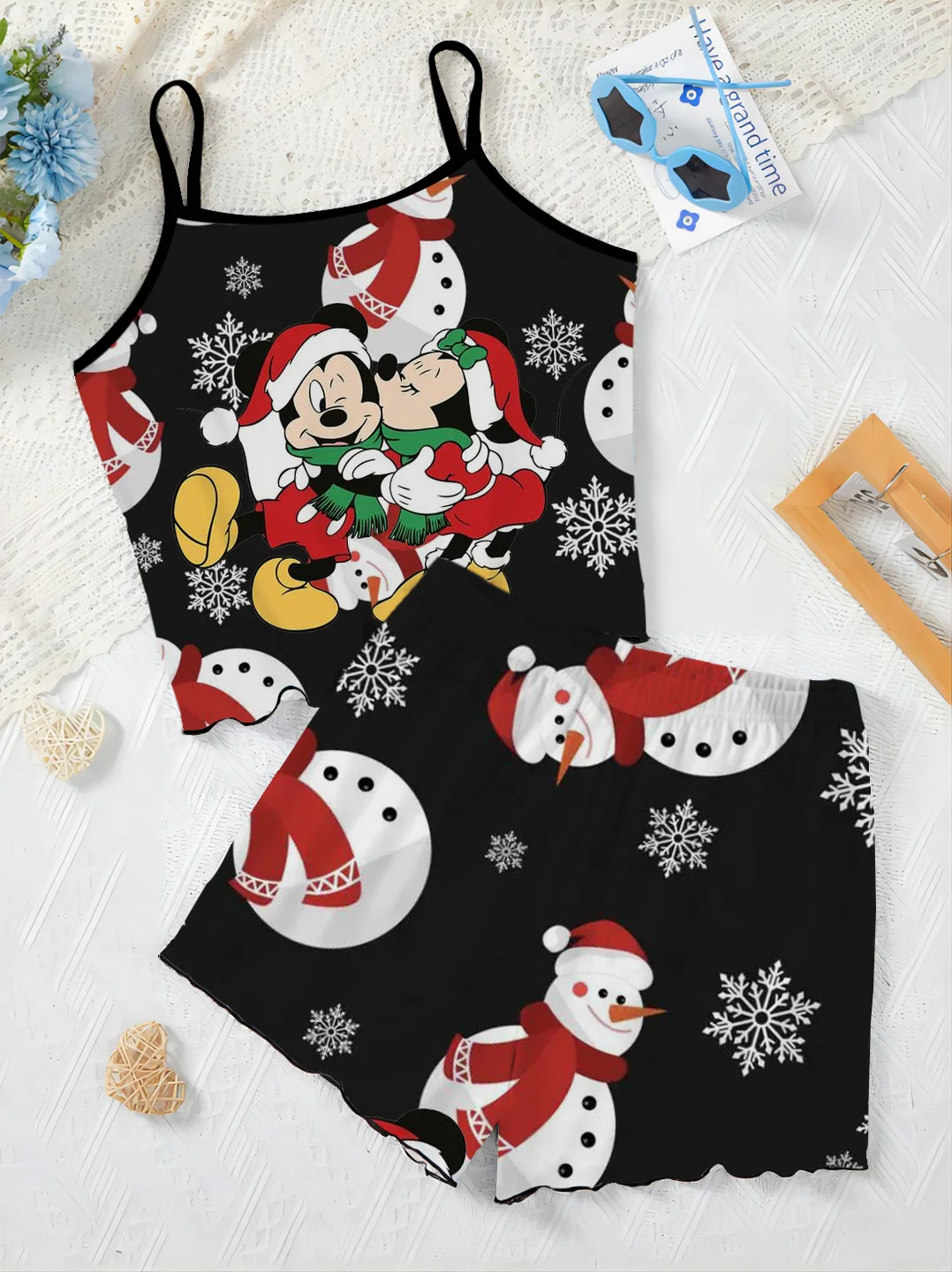 Pajama Skirt Home Dress Minnie Mouse Christmas T-shirt Short Sets for Women 2 Pieces Top Women's Suit Mickey Lettuce Trim Disney