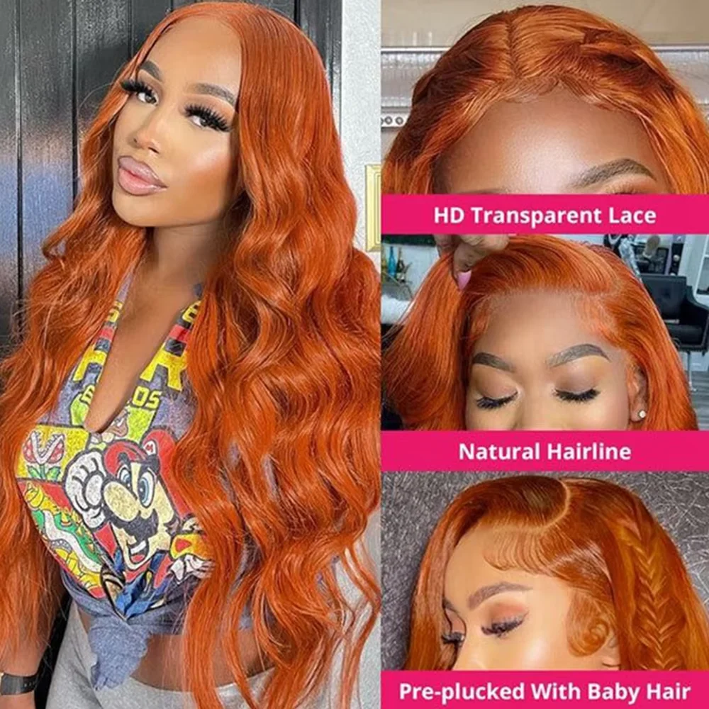 180 Density 350 Ginger Orange 24 inch Body Wave Lace Front Wig Human Hair Wigs 14x4 HD Lace Frontal Curly Wig For Woman