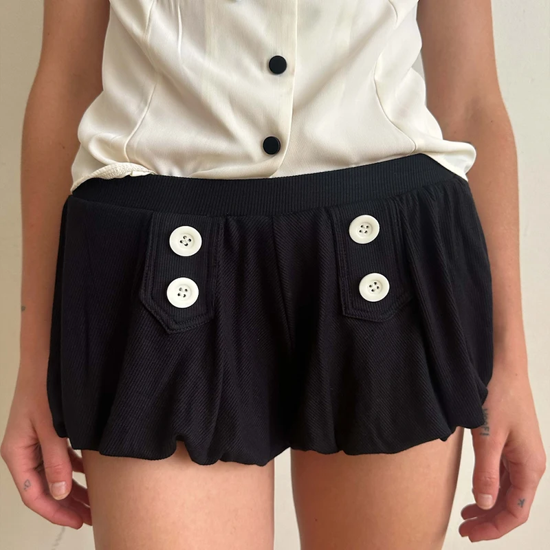 

American retro sweet spicy girl style button decoration solid color slim mini shorts Y2k millennium highstreet style mini shorts