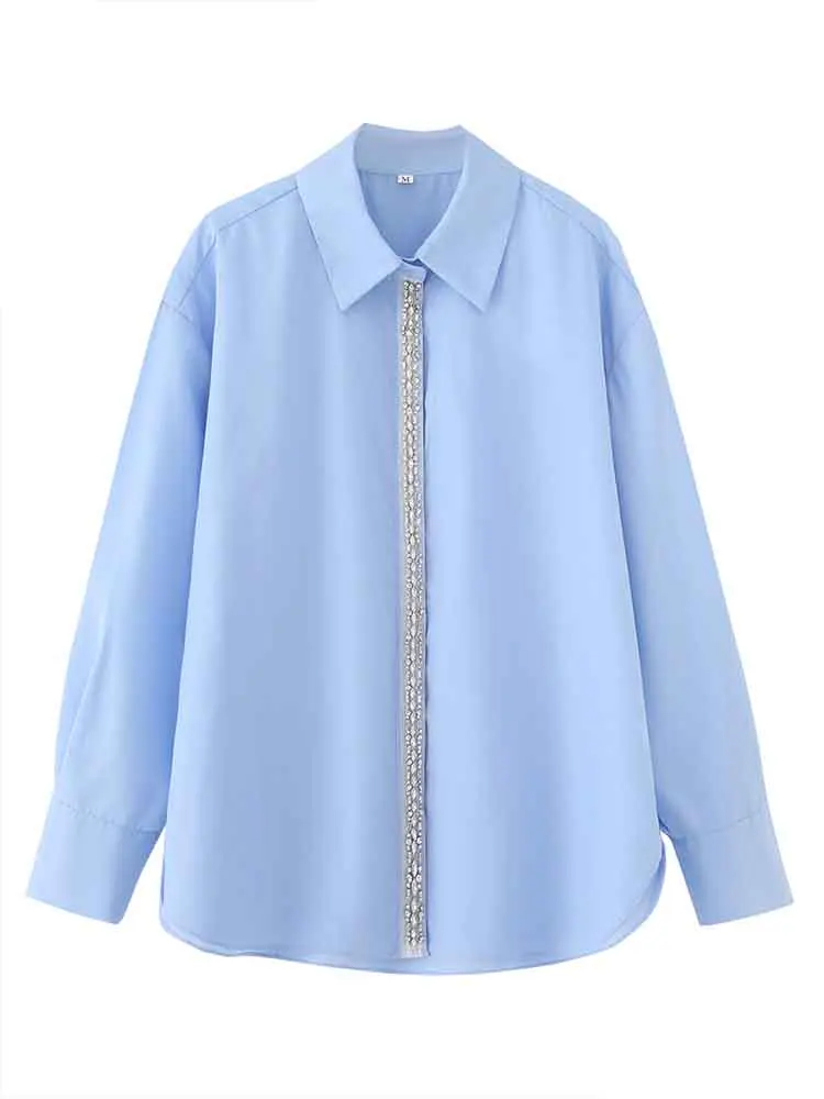 

European style new women's fashion contrast color fashion diamond-studded double-layer placket long shirt