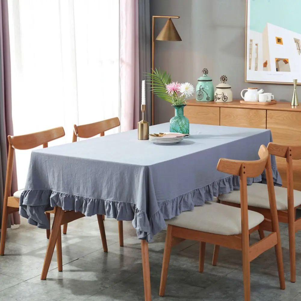 Rustic Cotton Linen Table Cloth Soft Ruffled Trim Minimalist Table Cover Decorative Protection For Dining Room Desk
