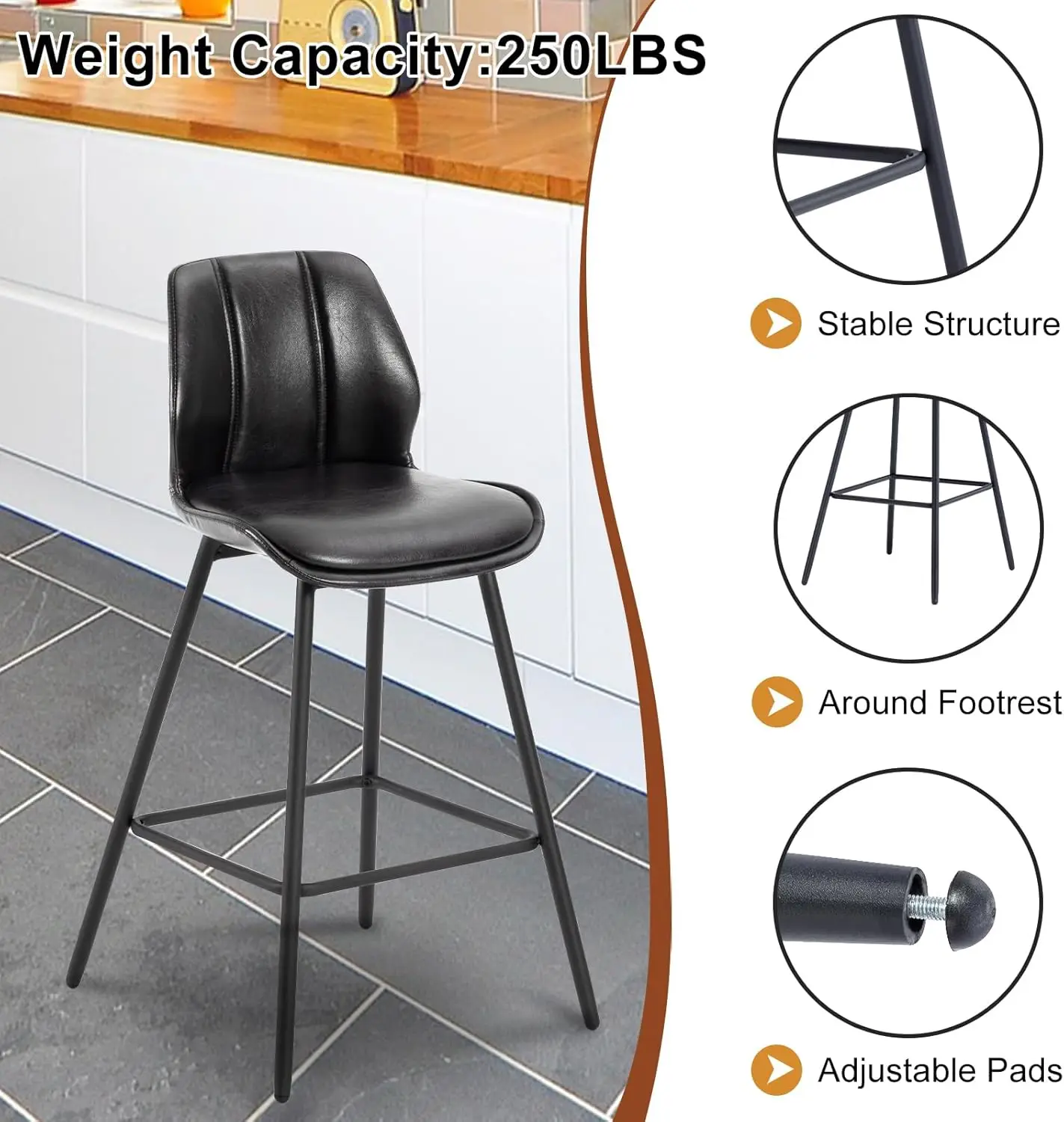 Counter Height Industrial Pub Barstools, cadeiras de couro falso para Kitch, costas e pernas metálicas, modernas, 30"