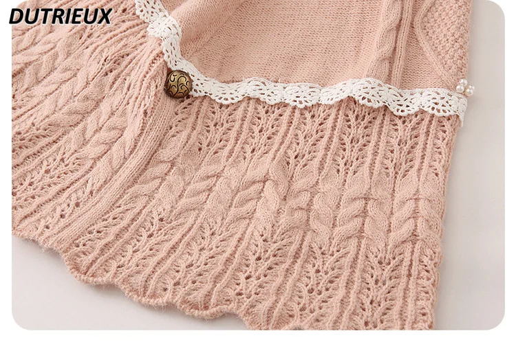 Autumn Winter New Sweet Girl Pastoral Plush Collar Knitted Cloak Women Cute Bow Lolita Soft Girls Shawl Sweater Cardigan Jacket