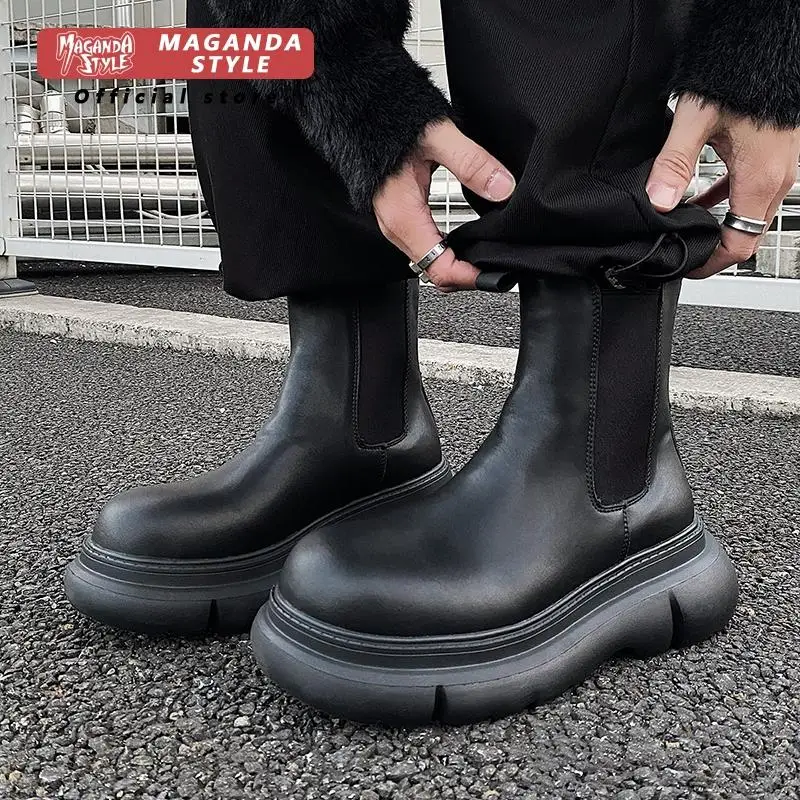 

British style thick soled new Chelsea boots for men slip in short leather boots black high top high toe shoes