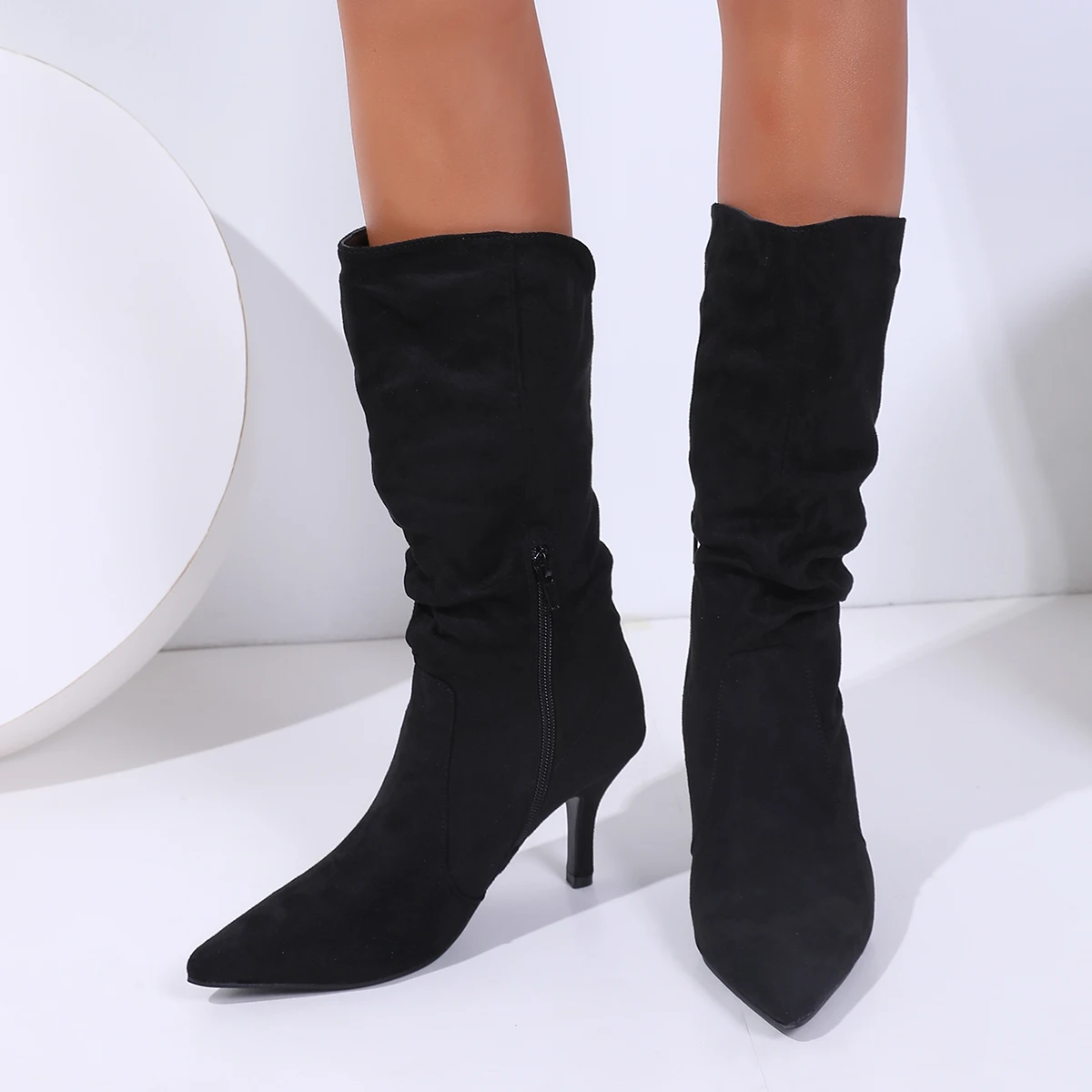 

Black Suede Mid-Calf Boots for Women, Pointed Toe Stiletto Heel, Side Zipper, Pleated Fashion Boots, European and American Style Sexy High-Heeled Boots