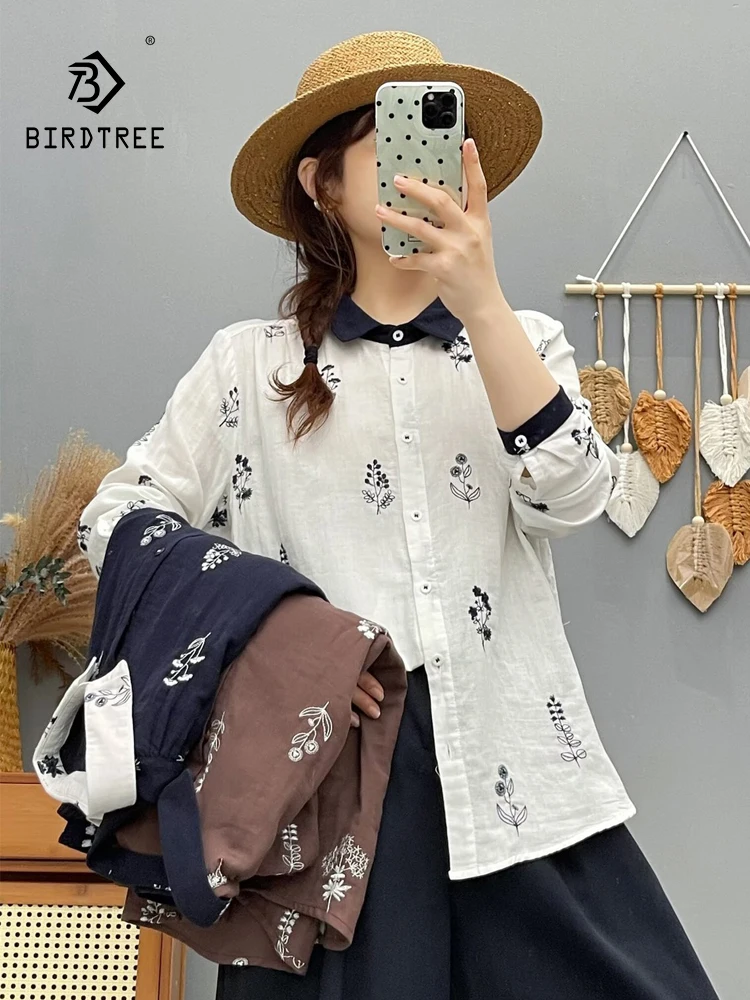 

Новинка 2025, осенняя рубашка с длинными рукавами из хлопковой пряжи, женская рубашка с отложным воротником и вышивкой, модная милая свободная блузка Mori Girl T58949CC