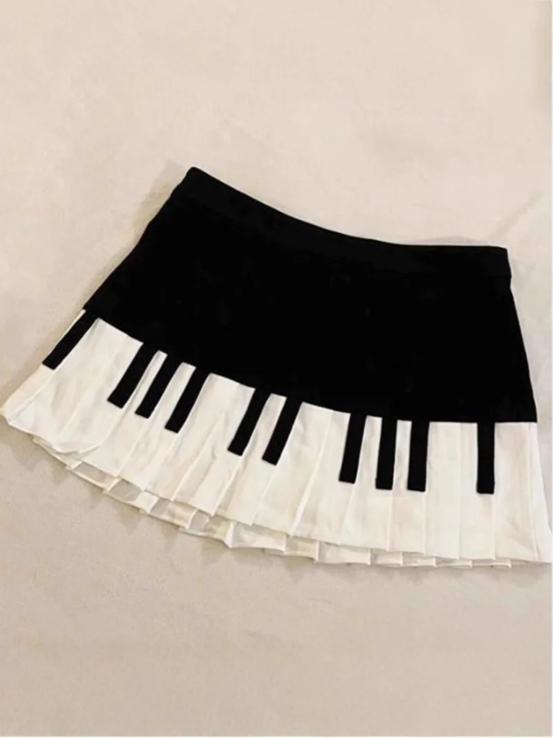 Damenrock in Schwarz-Weiß mit Klaviertasten-Print, plissierter Minirock mit hoher Taille, A-Linien-Rock für Musikparty, Freizeitkleidung, Cosplay-Kostüm. – Detail 8