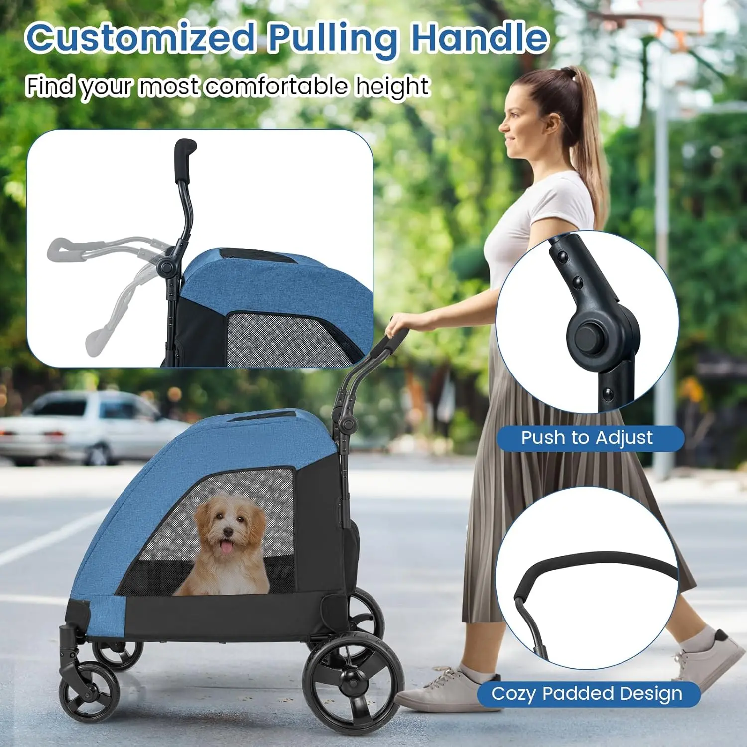 Cochecito para perros grandes: cochecito extra grande para perros mayores, cinturón de seguridad, asa ajustable, almohadilla extraíble, plegable