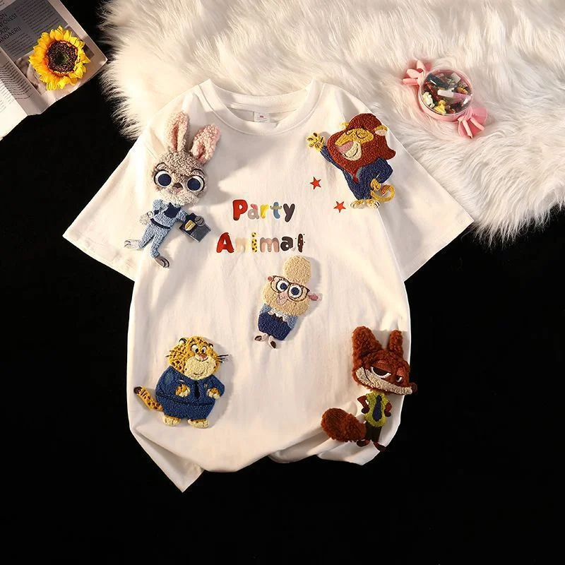 

Симпатичная хлопковая свободная летняя футболка с короткими рукавами и персонажем мультфильма Диснея Джуди Хоппс, новая детская кавайная футболка среднего и большого размера, подарки