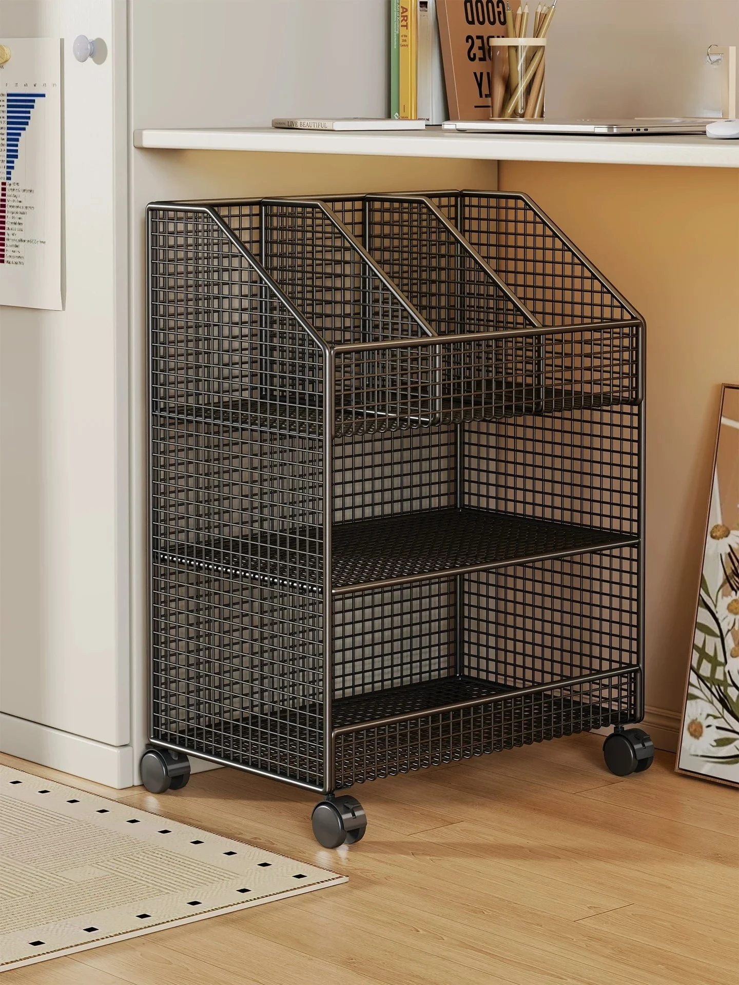 Mobile Office Desk underneath Storage Rack Stand Bookbag Floor Standing Toy Snack Cart Metal H-Frame Universal Book Storage
