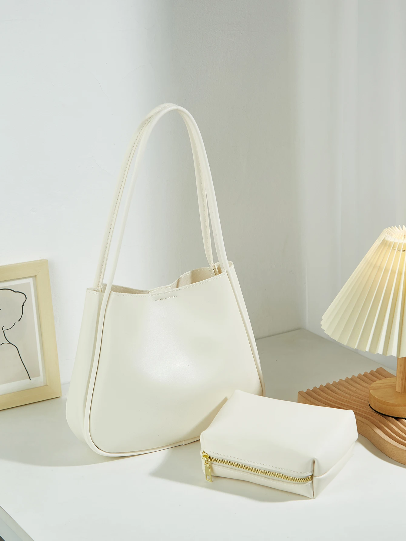 Conjunto de 2 peças de grande capacidade, elegante, versátil, novo estilo, minimalista, cor sólida, bolsa de ombro e portátil feminina