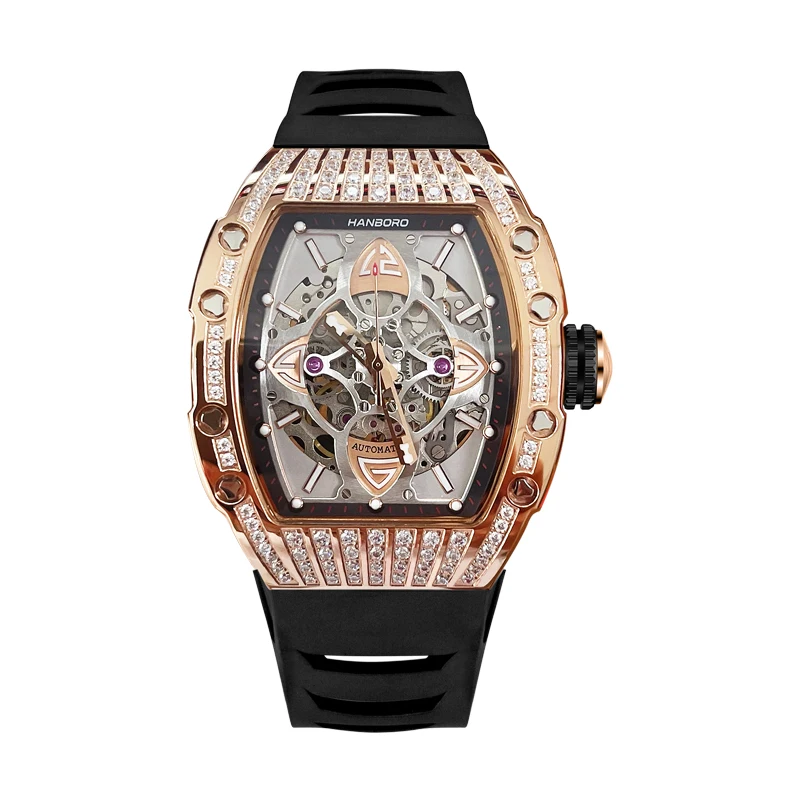 

HANBORO Mens Automatic Watches Luxury Watch Mechanical Wristwatch Luminous Water Resistant Tonneau Case Skeleton Crystal Case