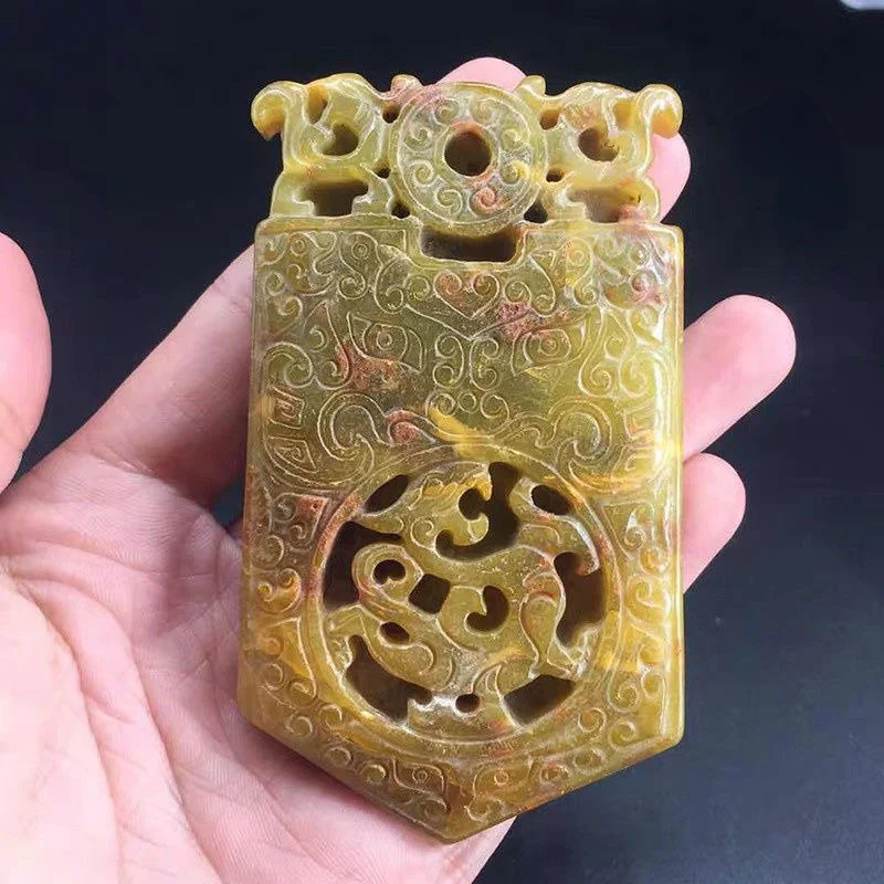Estatua de Jade auspiciosa tallada Feng Shui con ficha de dragón azul antiguo de Jade antiguo