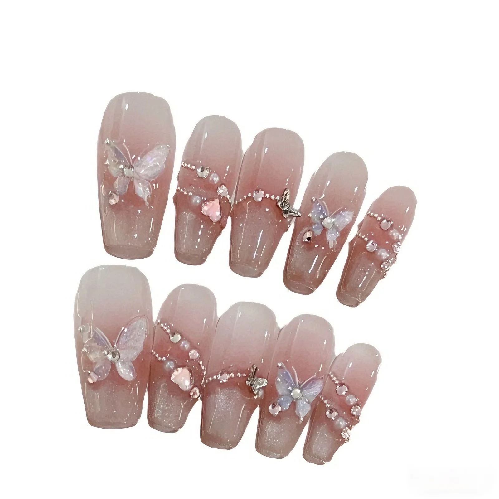 

10pcs Handmade Pink Blusher Fake Nails 3D Butterfly Decor False Nails With Little Pearl Wearable Artificial Nail Tips