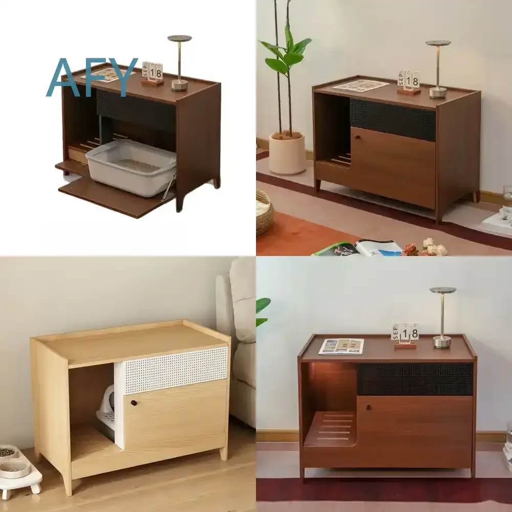 Großes Katzenhaus aus Massivholz mit Sandfilter und Spritzschutz, Halbgeschlossenes Katzenklo, Katzenmöbel