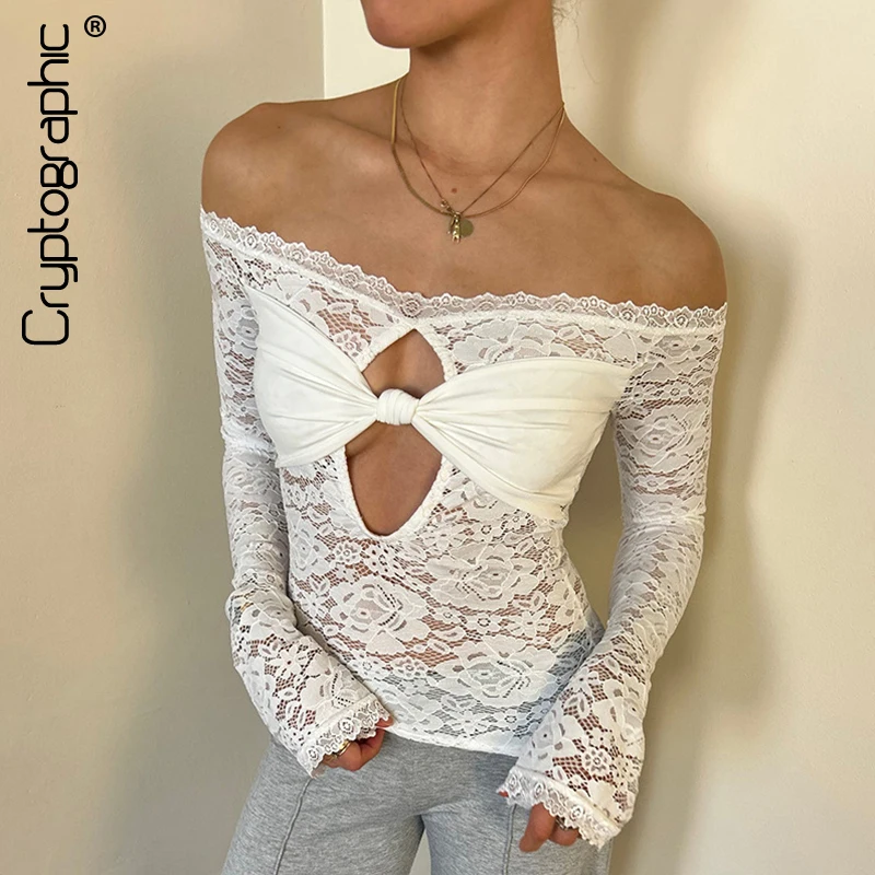 

Cryptographic Sexy Cut Out Lace Long Sleeve Tops for Women Outfits Off Shoulder White Twist Front Tops Slim Coquette Clothes
