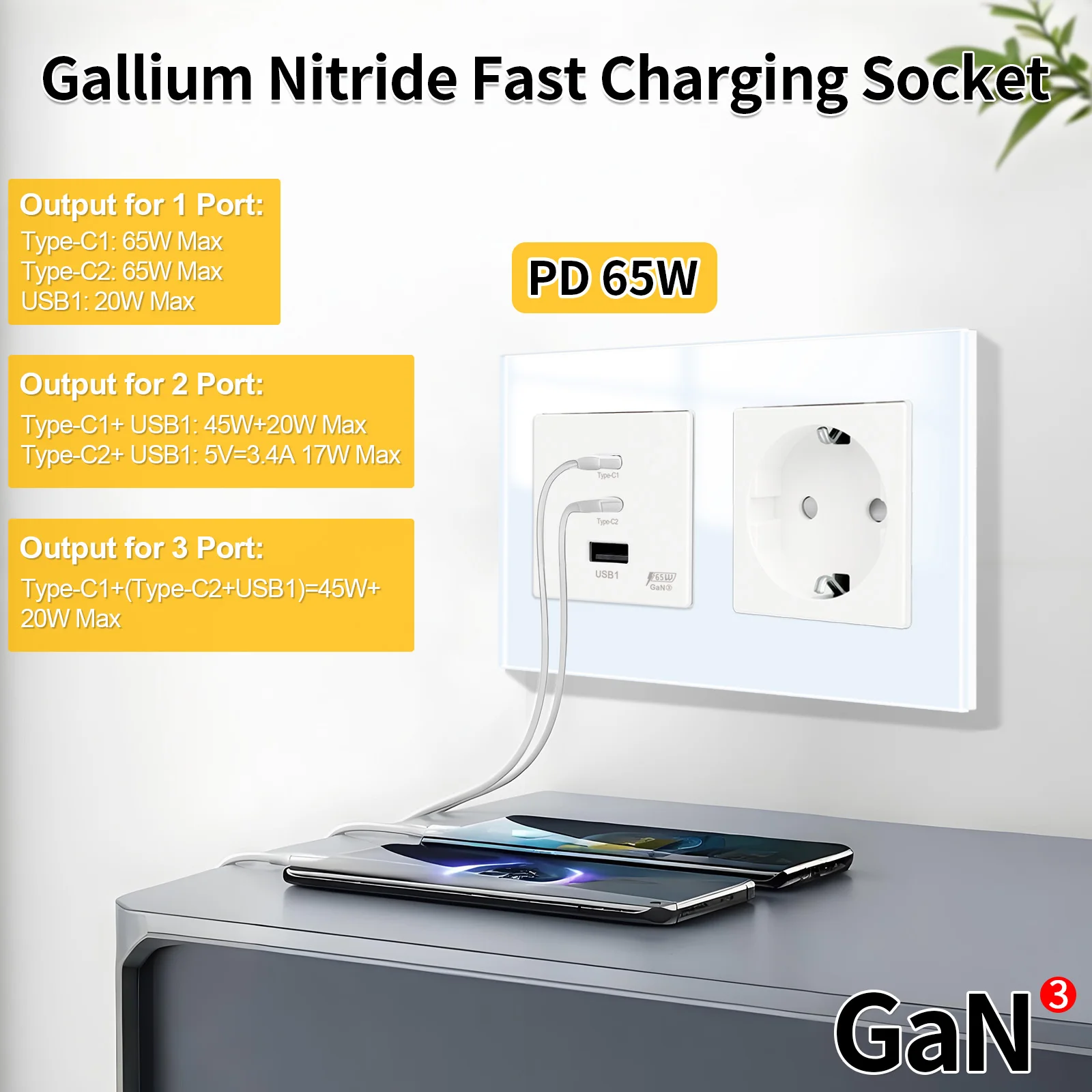 BINGOELEC الاتحاد الأوروبي مقبس الطاقة التلفزيون/CAT6 مخصص مع 65 واط شحن سريع للغاية USB/Type-c ميناء لوحة زجاجية مقبس الحائط 220 فولت التوصيل الآمن