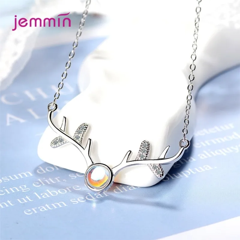 Little Antlers Sparkling Moonlight Stone Pendant Necklace Elegant Genuine 925 Sterling Silver Charm Necklace For Women