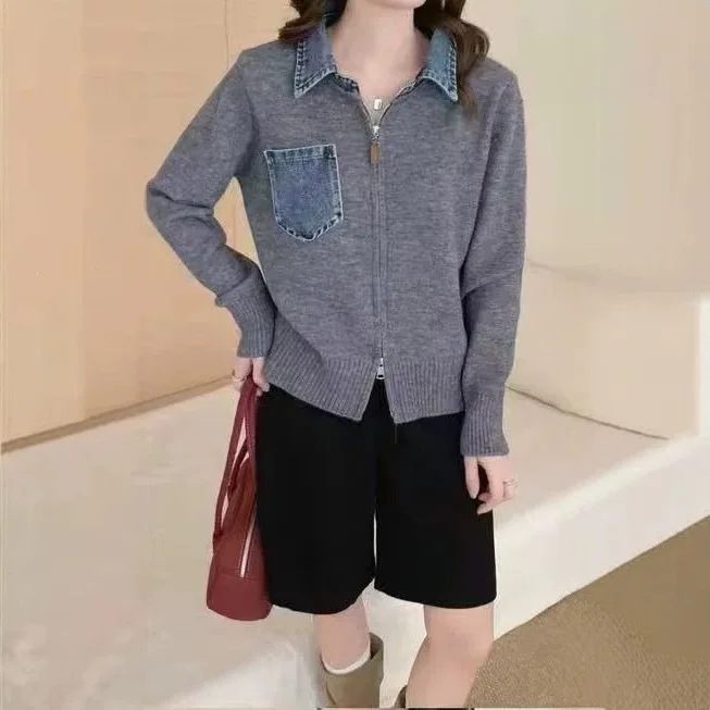 Lapel Denim Splicing Fake Two-piece Knitted Cardigan Jacket 2026 Autumn New Fashion Versatile Top Women