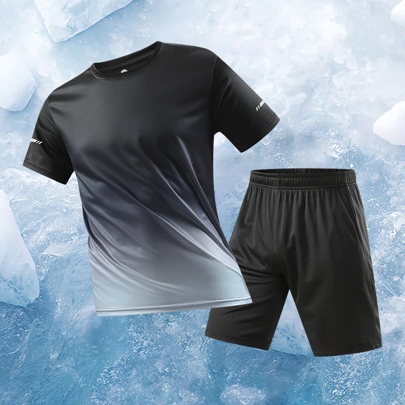 

New Summer Men's Ice Silk Quick-Drying Sports Set Gradient Short Sleeve T-Shirt Mesh Shorts Casual Running Tracksuit Fashion set