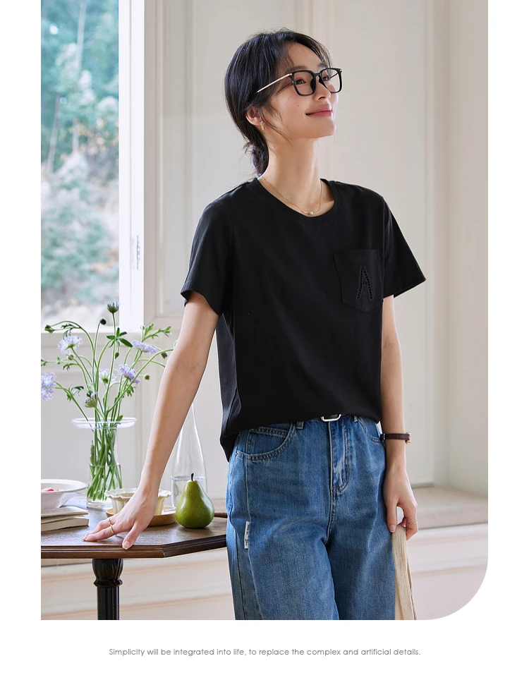 VIMLY Women Summer Black Top Ladies Short Sleeve Basic T Shirt Simple Pocket Design Letter Cotton Knit Tops for Woman   A1077