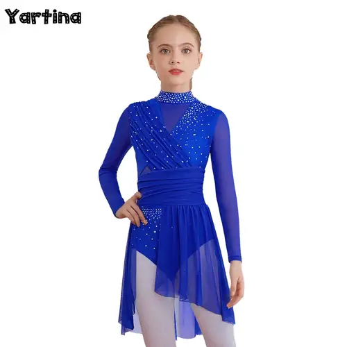 Vestido de baile lírico para niñas, gimnasia, patinaje artístico, Ballet, vestido de malla transparente con abertura lateral, vestido fruncido con diamantes de imitación brillantes